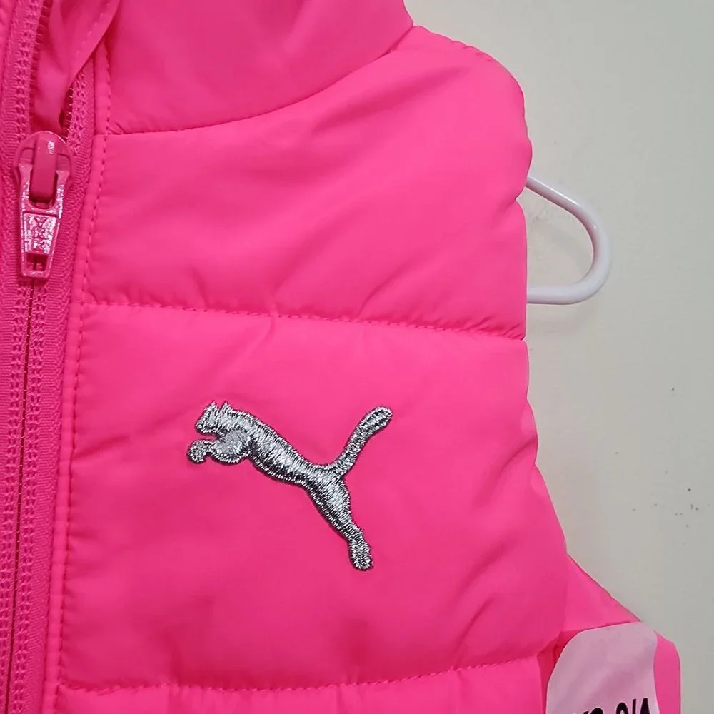 Puma NWT neon pink puffer full zip‎ front vest girls size XXS 3/4